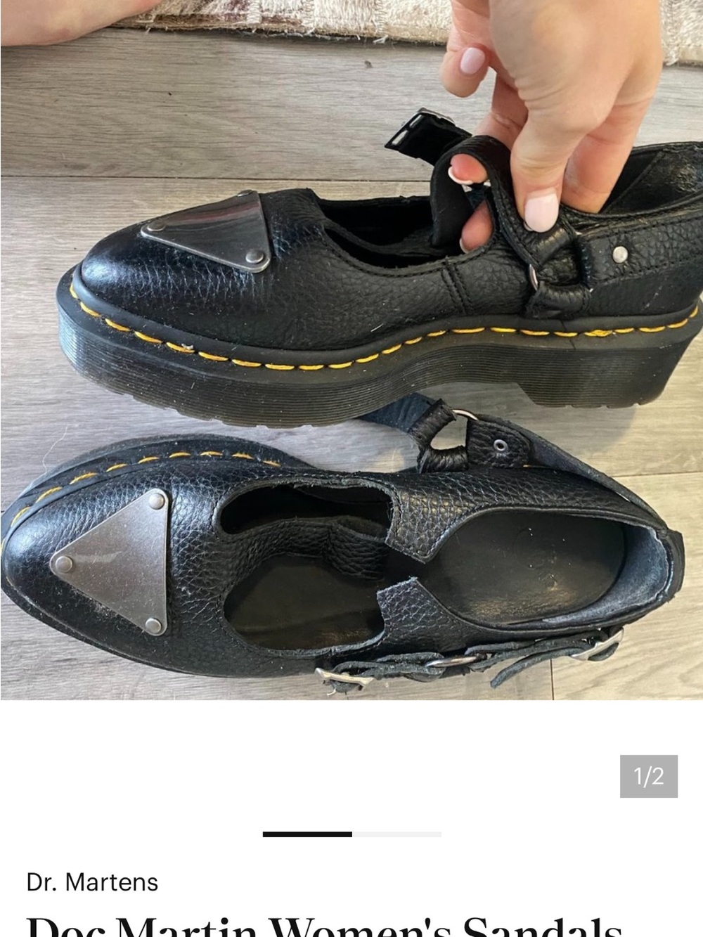 Dr. Martens Black Leather Mary-Jane Sandals with Yellow Stitching